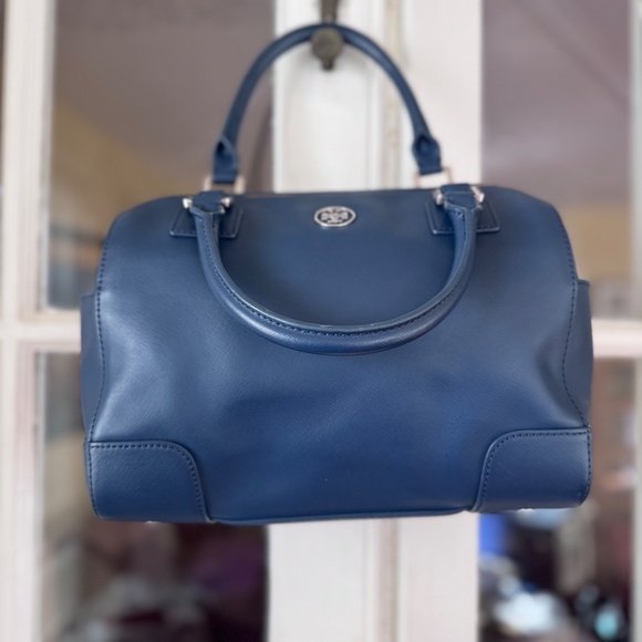 Tory Burch Saffiano Leather Satchel / Crossbody Hand Bag Purse Blue / Navy EUC - Picture 5 of 13